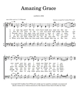 six verses of the Christian hymn "Amazing Grace", with four of the verses being written by J. D. Whitcomb